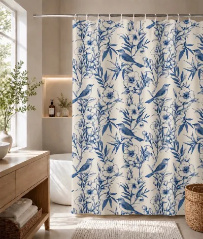 Cortina de Baño Lino Pájaros Azul 180x180