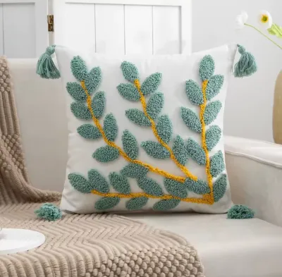 Funda de cojín boho Hojitas Verde Menta 45x45 cm