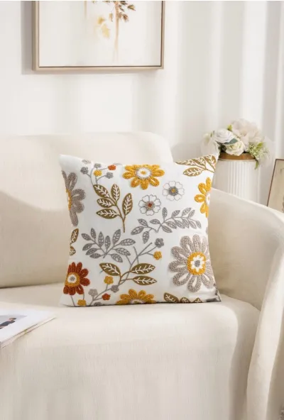Funda de cojín bordada Flores Silvestres Mostaza y Gris 45×45 cm