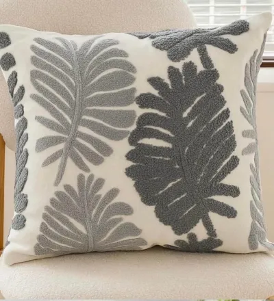 Funda de cojín bordada hojas grises 45×45 cm – foto 1