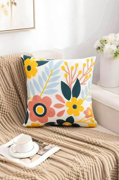Funda de cojín bordada jardín primavera 45x45 cm