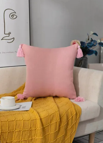 Funda de Cojín Lino Rosado con Borlas 45x45 cm