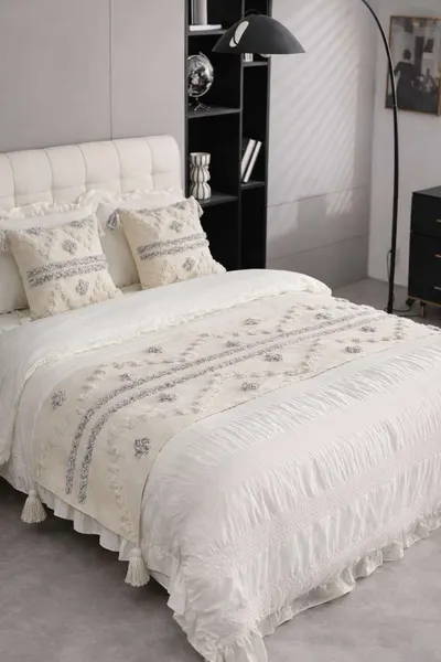 Piecera boho cruz gris 70×210 cm + 2 fundas 45×45 cm