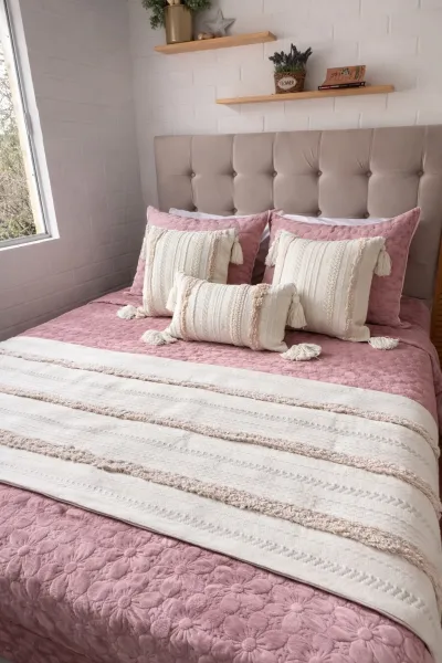 Piecera boho nórdica crudo beige 210x70 cm + 2 fundas 45×45 cm