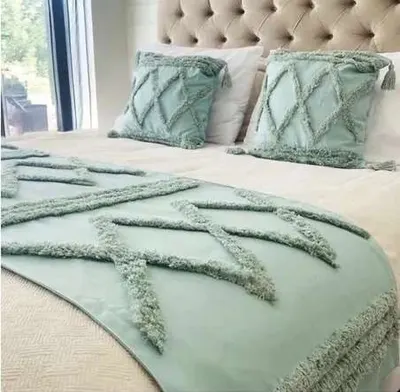 Piecera boho nórdica verde menta 70×210 cm + 2 fundas 45×45 cm