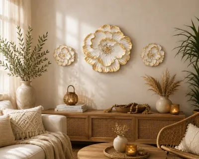 Set 3 Flores Decorativas de Pared Blanco/Dorad