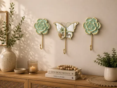 Set 3 Percheros de Pared Flores Verde Agua y Mariposa Espejo