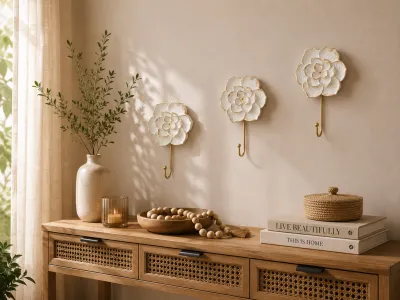 Set de 3 Percheros de Pared Flor Blanco/Dorado