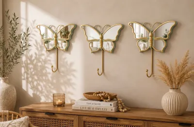 Set de 3 Percheros Mariposa Espejo Marco Dorado y Verde Menta