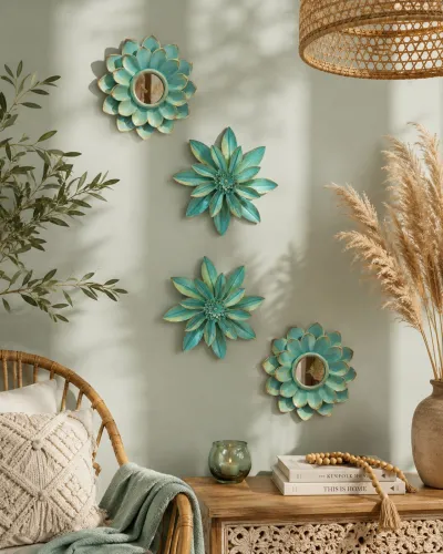Set de 4 Espejos de Pared Flores Turquesa Vintage