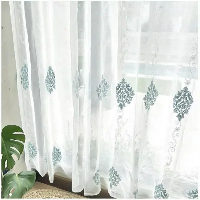 Visillos Lino bordados vintage turquesa (2 paños de 140×230 cm) – foto 2
