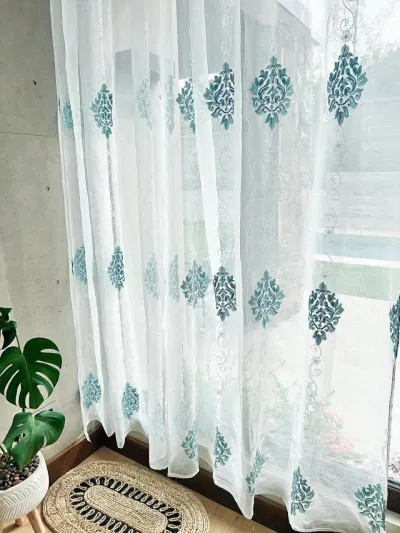 Visillos Lino bordados vintage turquesa (2 paños de 140×230 cm) – foto 1