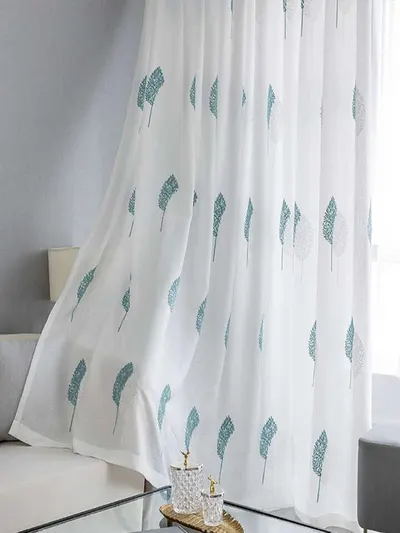 Visillos bordados hojas turquesa (2 paños de 140×230 cm) – foto 1