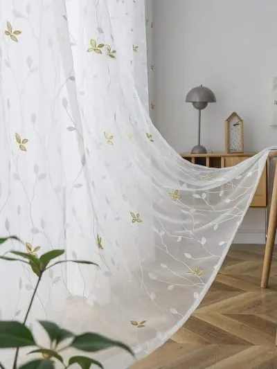 Visillos Lino bordados hojitas (2 paños de 140×230 cm) – foto 2