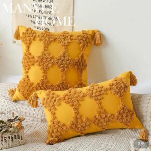 FUNDA DE COJIN BOHO ROMBO PUNTO MOSTAZA