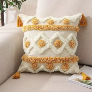 FUNDA DE COJIN BOHO ROMBO MOSTAZA