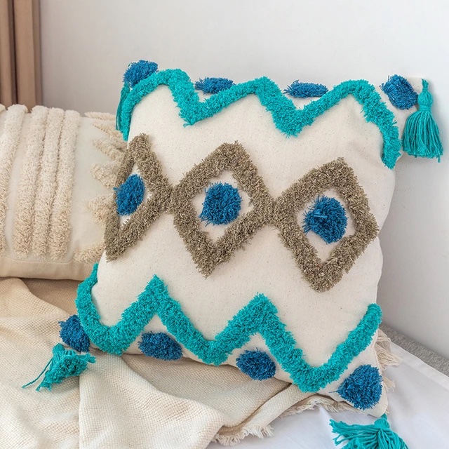 FUNDA DE COJIN BOHO ZIG ZAG TURQUESA