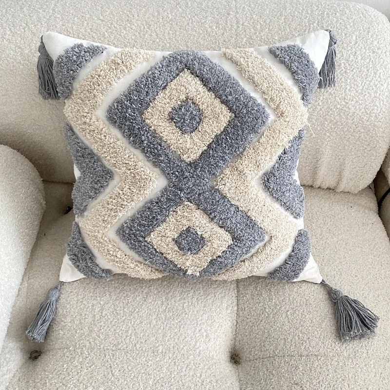 FUNDA DE COJIN BOHO ROMBOS GRIS-CRUDO 45 x 45 cm
