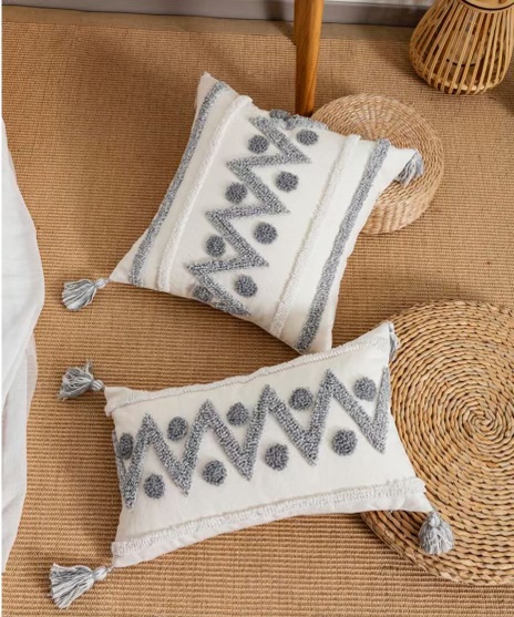 FUNDA DE COJIN BOHO ZIG-ZAG GRIS