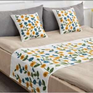 Piecera Bordada Flor pequeña azul-mostaza 70 x 180 cm + 2 fundas 45 x 45 cm