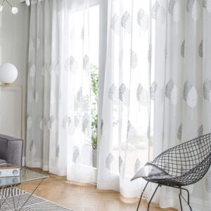 VISILLOS BORDADOS HOJAS GRISES (2 paños de 140 x 230 cm c/u-Argollas metálicas)