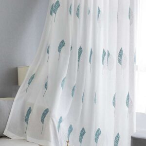 VISILLOS BORDADOS HOJAS TURQUESA (2 paños de 140 x 230 cm c/u-Argollas metálicas)