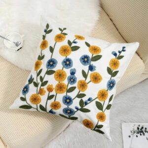 FUNDA DE COJIN BORDADA FLOR PEQUEÑA AZUL-MOSTAZA 45x45 cm/30x50 cm