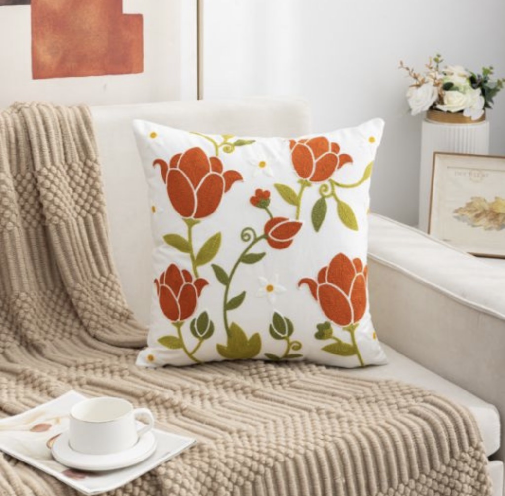 FUNDA DE COJIN BORDADA ROSA NARANJA 45 x 45 cm